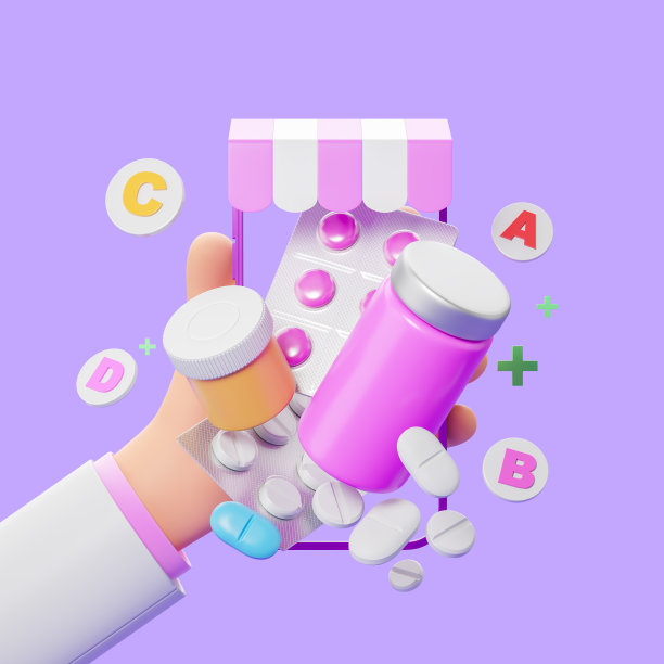 3 d渲染。卡通医生手里拿着手机和飞来的药片，网上购物图片下载