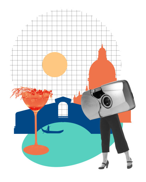 女性游客到新地方度假，参观文化名胜，喝鸡尾酒。当代艺术拼贴。图片下载
