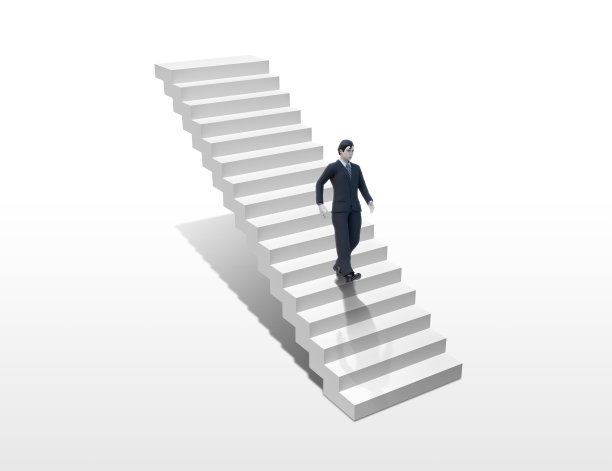 商人在白色背景下走下楼梯图片下载