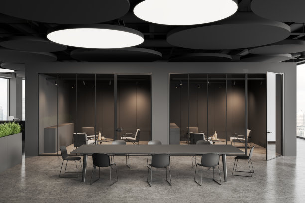 灰色会议室内部设有休闲区、木板和全景窗图片下载