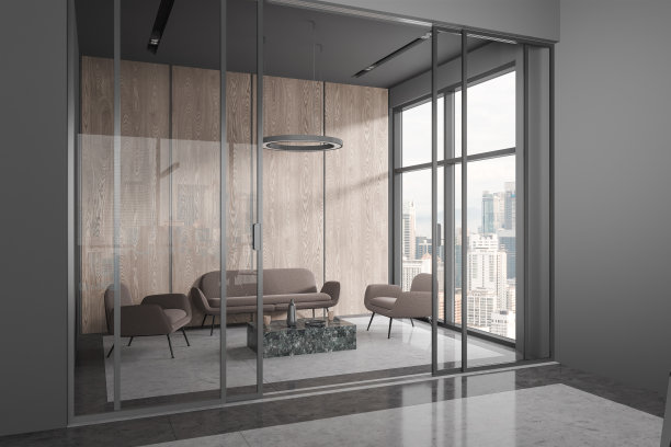 办公室内部配有沙发和扶手椅，全景窗户图片下载