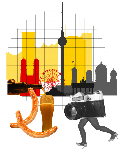 女人去另一个国家旅行，看别的文化，喝啤酒。拍照。当代艺术拼贴。图片下载