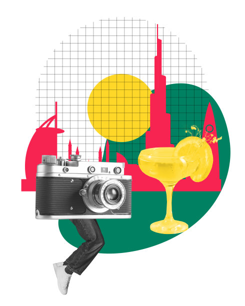 人们带着老式相机旅行，喝鸡尾酒，拍照。享受。当代艺术拼贴。图片下载