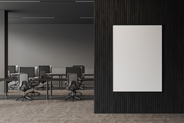 灰色办公室商务室内部有桌子和电脑。模型框架图片下载