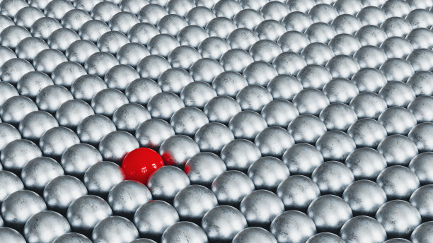 红色球体脱颖而出，脱颖而出，领导者或成功的概念，3D渲染图片下载