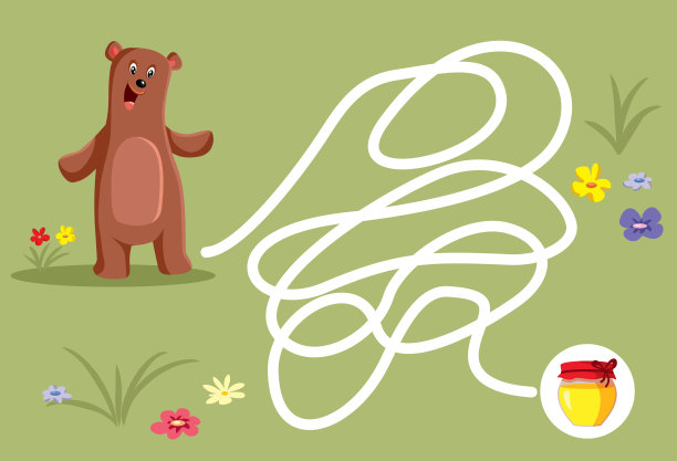 有趣的熊寻找蜂蜜儿童迷宫游戏矢量设计图片下载