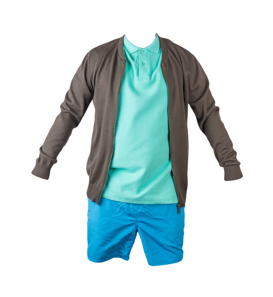 男子飞行员夹克，衬衫和运动短裤隔离在白色背景。图片下载