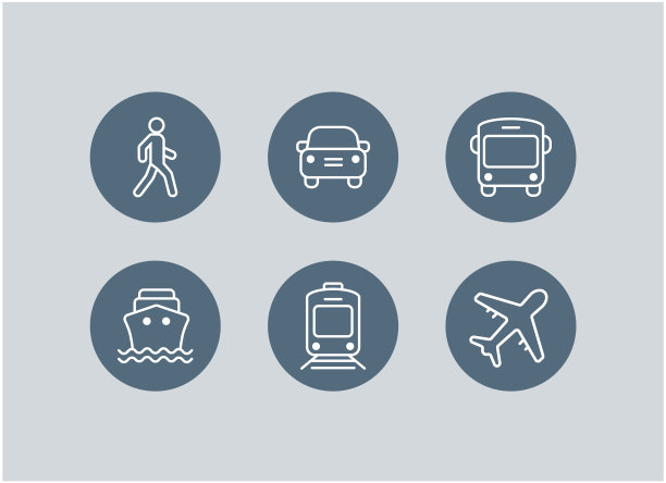 运输图标。飞机，公共汽车，火车，船/渡轮，汽车，步行人，自行车，卡车和汽车标志。航运交货符号。空邮派递标志。向量图片下载