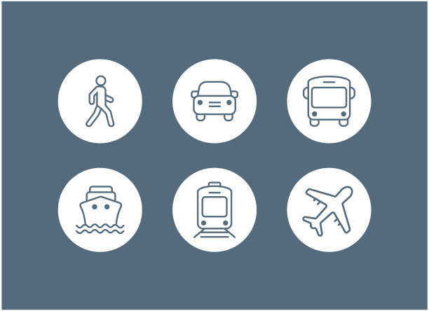 运输图标。飞机，公共汽车，火车，船/渡轮，汽车，步行人，自行车，卡车和汽车标志。航运交货符号。空邮派递标志。向量图片下载