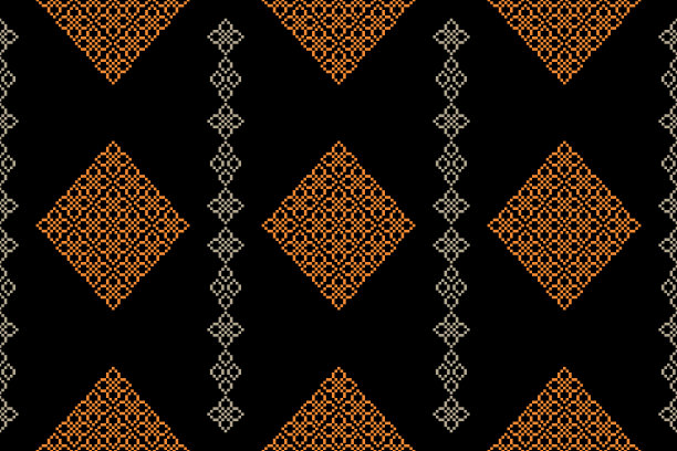 民族几何织物图案十字绣。伊卡特刺绣民族东方像素图案黑色背景。图片下载