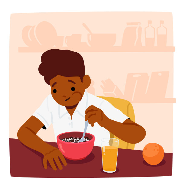 男孩坐在桌边，嚼着麦片，喝着果汁。早晨的阳光流进来，创造了一个温暖，舒适的场景图片下载