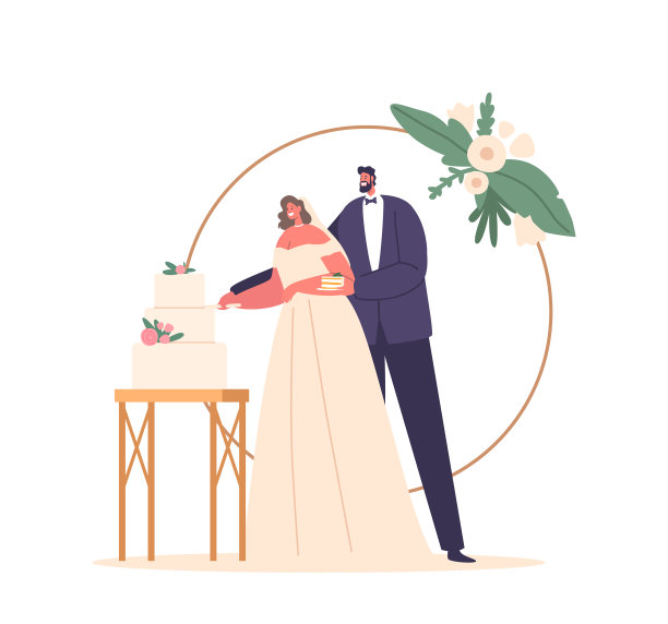 新婚夫妇分享切蛋糕仪式的欢乐时刻，象征着他们的结合。新郎亲手指导新娘图片下载