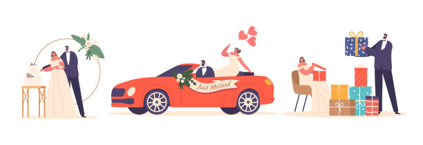 婚礼行动概念与新婚夫妇人物切割节日蛋糕，驾驶装饰汽车矢量插图图片下载