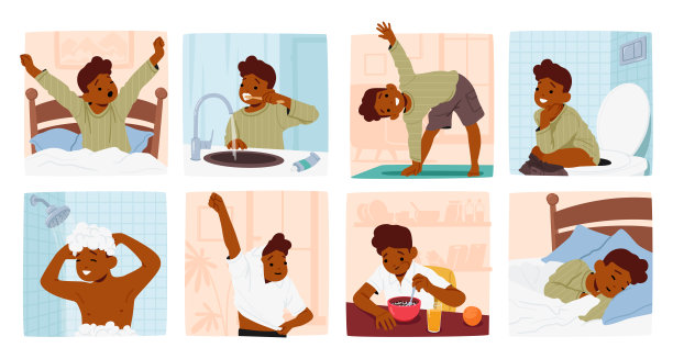 小男孩的日常生活。起床，刷牙，上厕所，锻炼，吃早餐，穿衣服图片下载