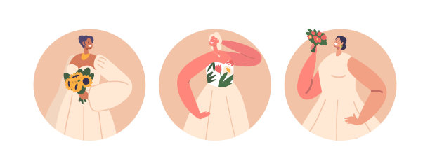 独立的圆形图标或头像与美丽的新娘穿着优雅的服装婚礼仪式。女性角色图片下载