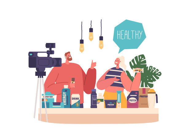 博主夫妇在相机上宣传运动营养产品，分享他们的好处，矢量插图图片下载