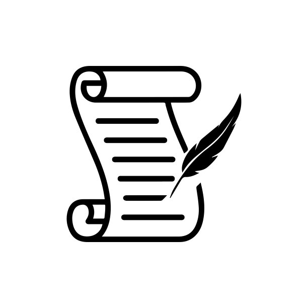 在卷轴上用羽毛笔书写的线条艺术矢量图标，适用于游戏和网站图片下载