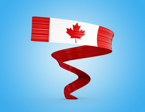 3d加拿大国旗3d闪亮的挥舞旗帜丝带孤立的蓝色背景，3d插图图片下载