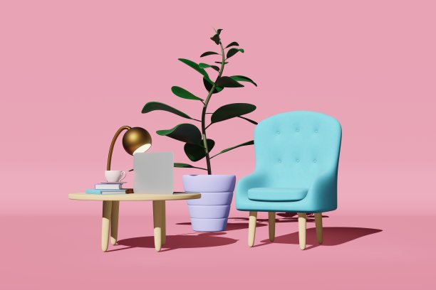 工作空间家具销售粉红色客厅软扶手椅桌子笔记本电脑咖啡杯书植物3D渲染演示。图片下载