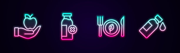 设定苹果，乳糖不耐症，素食饮食和瓶装水。发光的霓虹灯图标。向量图片下载