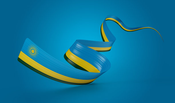 三维卢旺达国旗三维挥舞丝带旗孤立的蓝色背景，三维插图图片下载
