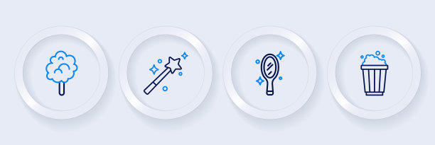 设线爆米花纸箱，魔术手镜，魔杖和棉花糖图标。向量图片下载