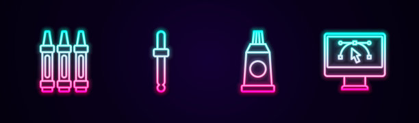 设置线蜡笔绘制，滴管颜色选择调色板，管与油漆和计算机设计程序。发光的霓虹灯图标。向量图片下载