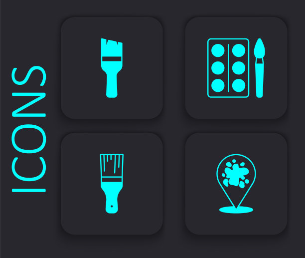 设置油漆喷雾，刷子，水彩油漆盒和图标。黑色方形按钮。向量图片下载