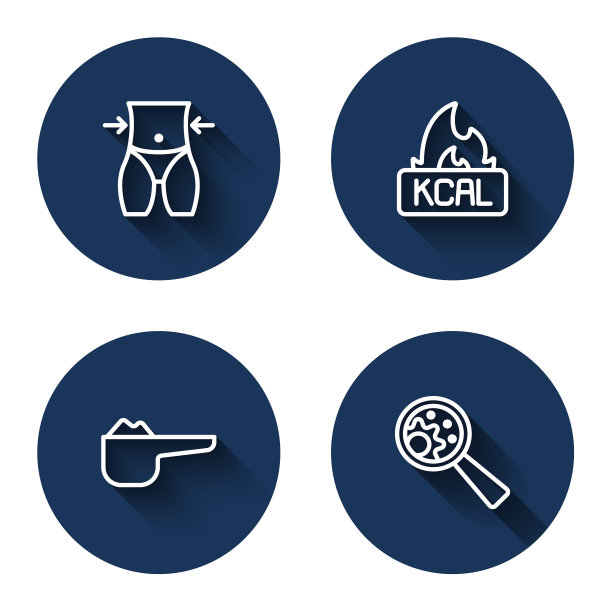 女性腰线，卡路里，运动营养蛋白和转基因长影。蓝色圆圈按钮。向量图片下载