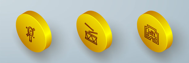 设置等距线魔术手镜，鼓与鼓棒和赌场赢的图标。向量图片下载