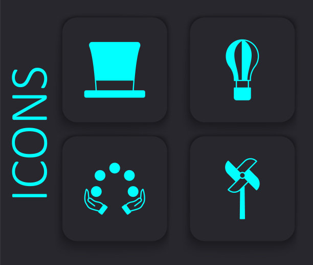 集风车玩具，汽缸帽，热气球和杂耍图标。黑色方形按钮。向量图片下载