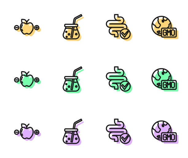 设置线肠，卡路里计算器，新鲜奶昔和转基因图标。向量图片下载