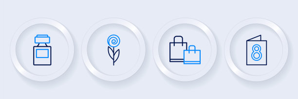 设置线贺卡与3月8日，纸购物袋，花和香水图标。向量图片下载