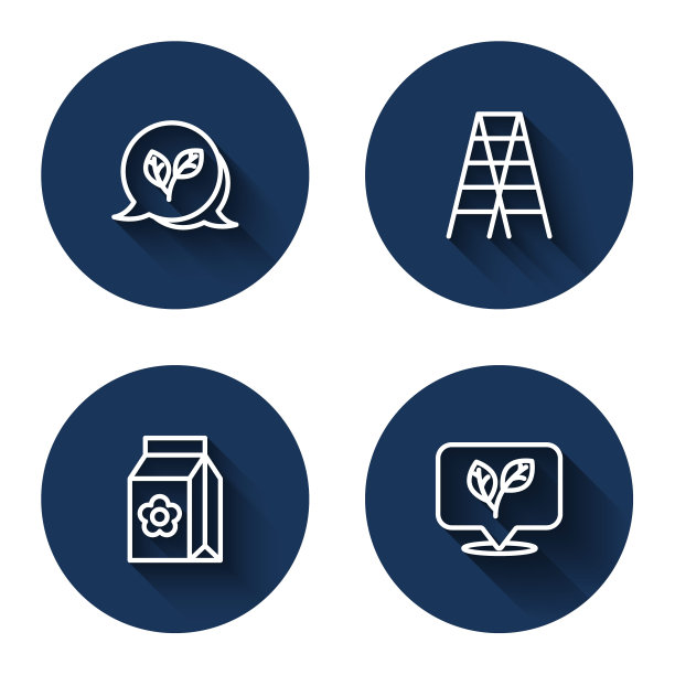 设置线叶，木制楼梯，装满种子和长阴影。蓝色圆圈按钮。向量图片下载