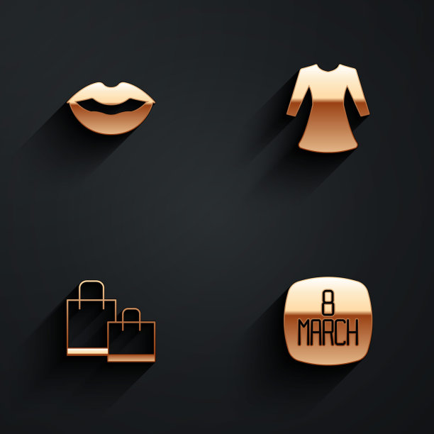 设置微笑的嘴唇，女人的衣服，纸购物袋和3月8日的长阴影图标。向量图片下载