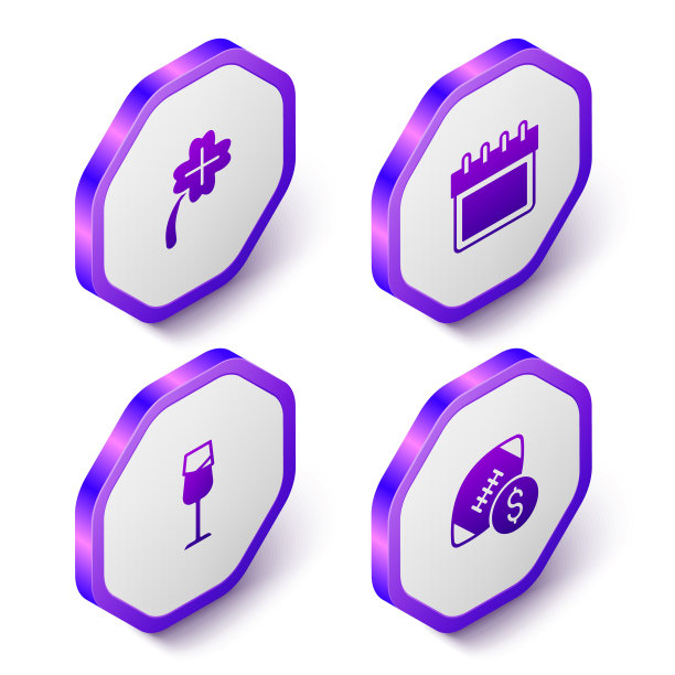 集等距赌场老虎机三叶草，日历，酒杯和美式足球投注钱的图标。紫色六边形按钮。向量图片下载