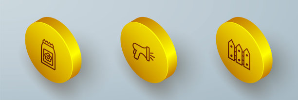 设置等距线包充满种子，花园软管和栅栏木制图标。向量图片下载