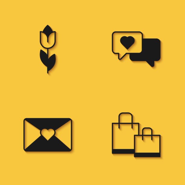 套装郁金香，纸购物袋，信封与3月8日和心脏演讲气泡图标与长阴影。向量图片下载