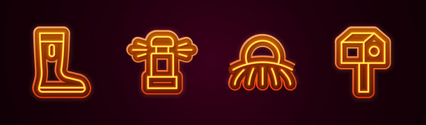 集线防水橡胶靴，自动灌溉喷头，日出和鸟屋。发光的霓虹灯图标。向量图片下载