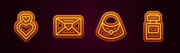 系列:爱心，3月8日信封，手袋和香水。发光的霓虹灯图标。向量图片下载