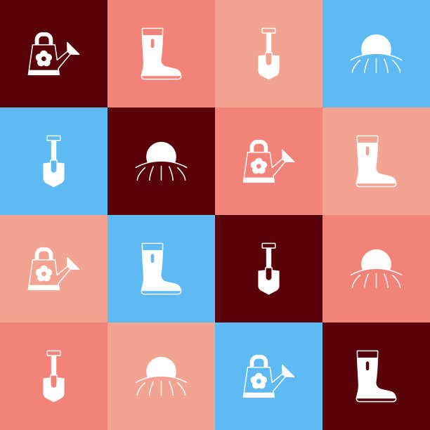 集波普艺术洒水罐，防水橡胶靴，铲子和日出图标。向量图片下载