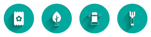 集包充满种子，树，自动灌溉洒水器和花园干草叉图标长阴影。向量图片下载