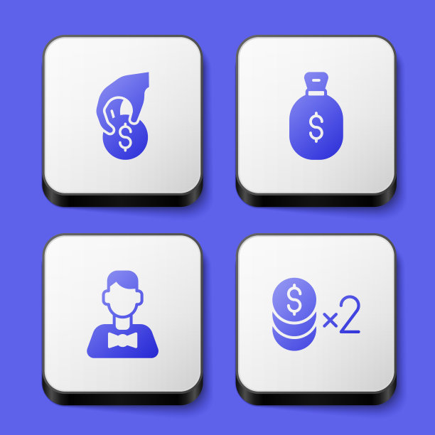 集手握赌场筹码，钱袋，赌场经销商和美元图标。白色方形按钮。向量图片下载