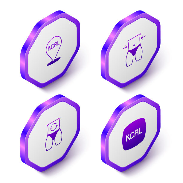 设置等长卡路里，女性腰围，新陈代谢和图标。紫色六边形按钮。向量图片下载
