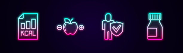 设定饮食计划，卡路里计算器，健康的生活方式和维生素。发光的霓虹灯图标。向量图片下载