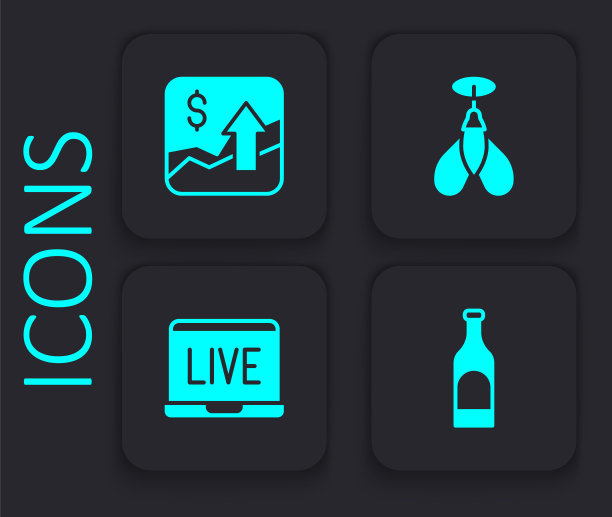 集瓶酒，财政增长增加，飞镖箭和在线扑克桌游戏图标。黑色方形按钮。向量图片下载