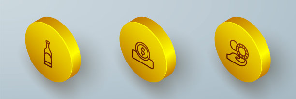 设定等距线瓶酒，硬币钱与美元和手握赌场筹码图标。向量图片下载