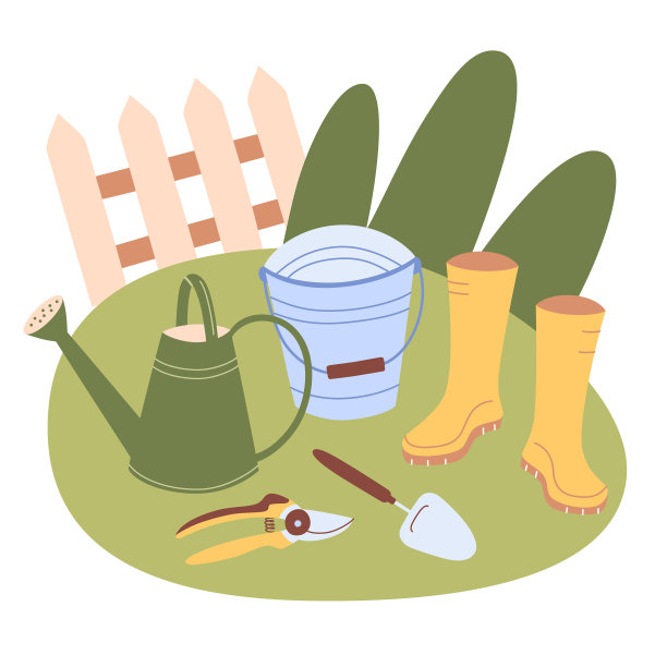 园艺工具和设备，水桶，喷壶，橡胶靴的涂鸦图标，修剪剪刀的矢量插图手绘组成图片下载