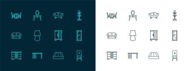 集线大衣架，办公桌，衣柜，床垫，台灯，沙发，椅子和梳妆台图标。向量图片下载