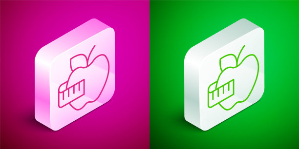 等距线苹果和测量磁带图标隔离在粉红色和绿色背景。多余的体重。健康饮食菜单。健身减肥苹果。银色方形按钮。向量图片下载
